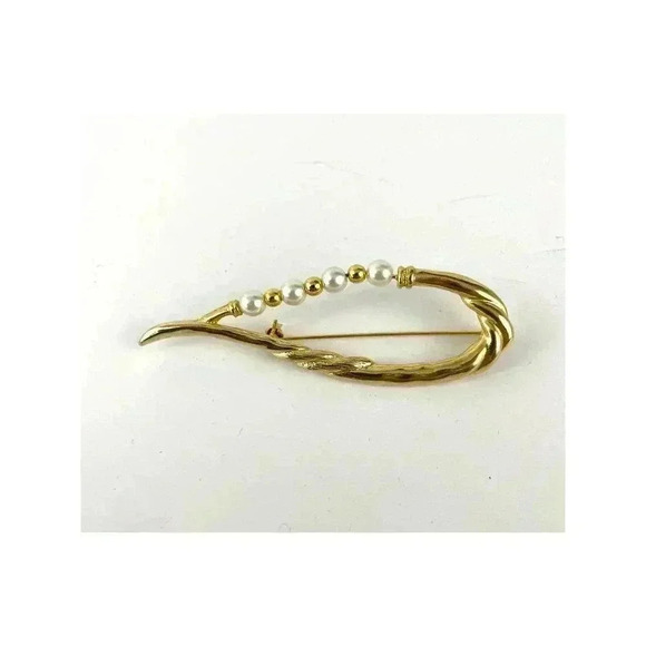 Faux Pearl Bead Brooch Pin Long Twisted Design VTG Gold Tone Metal - Picture 7 of 8